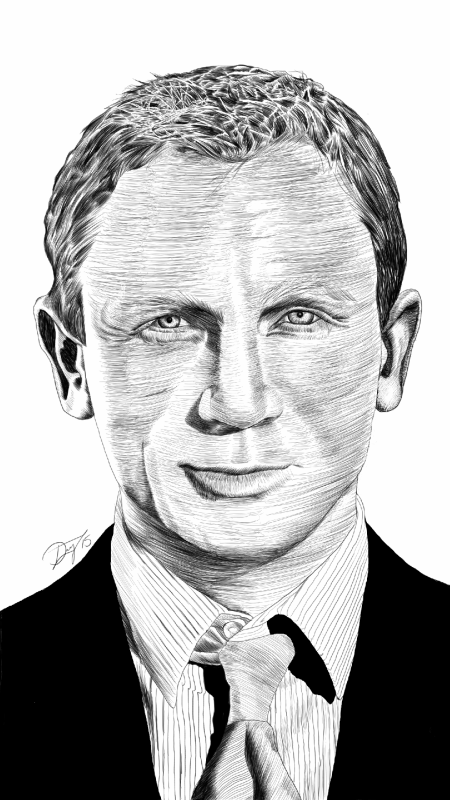 Black and white Digital pen and ink sketch of James Bond 007 - Daniel Craig.