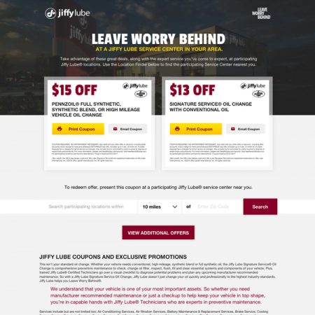 Jiffylube Landing Page